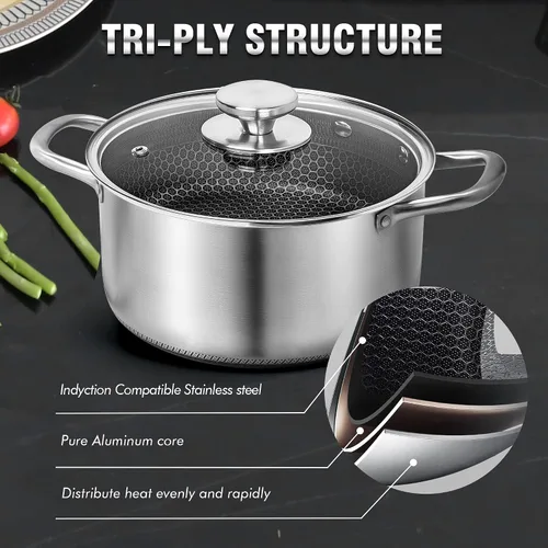 Miniatura 7 de AuFranc™ Olla híbrida antiadherente de acero inoxidable de 6 cuartos de galón con tapa de vidrio, olla de inducción con tallado de panal, olla