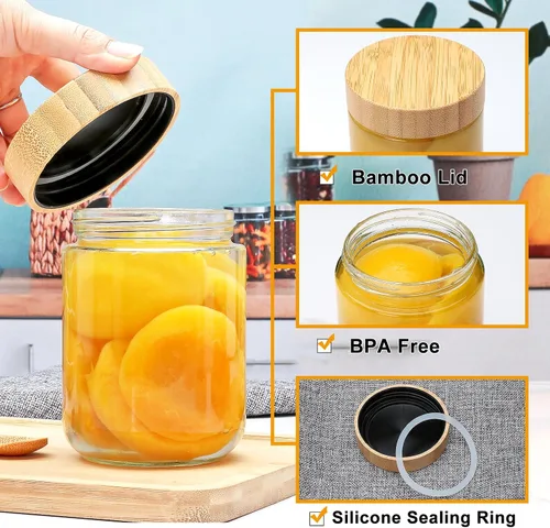 Miniatura 4 de Tarros de vidrio de 16 onzas con tapas, recipientes de avena nocturna con tapas de bambú, frascos Mason de vidrio de boca ancha, recipientes