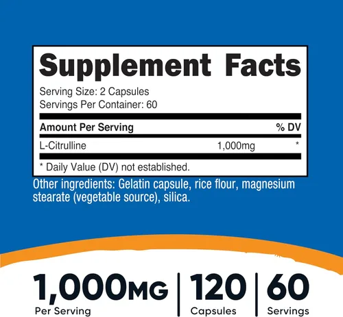 Miniatura 2 de Nutricost L-Citrulina 500 mg, 120 cápsulas – Sin gluten, sin OMG, 1000 mg por porción (60 Serv)