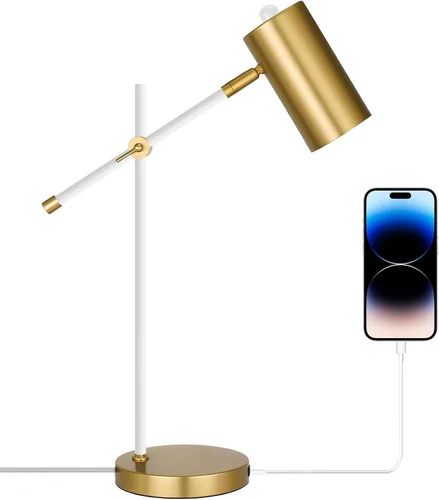 Moderna lámpara de escritorio blanca y dorada con puerto de carga tipo C, lámpara de mesa industrial minimalista con brazo oscilante, para sala de