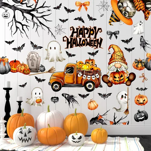 Miniatura 12 de Haull 6 hojas de calcomanías de pared de Halloween, calcomanías de pared reutilizables para ventana de Halloween, acuarela, bruja, murciélagos