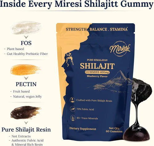 Miniatura 3 de Miresi Gomitas Shilajit - Sabor a arándanos Ricas en ácido fúlvico y más de 85 minerales traza Apoya la energía, la resistencia
