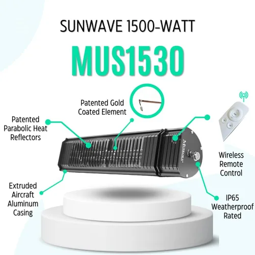 Miniatura 6 de Calentador de patio eléctrico infrarrojo SunWave de 1500 vatios, calentador de patio montado en la pared, calentador infrarrojo
