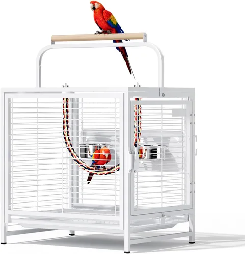 Miniatura 11 de VINGLI Jaula para pájaros pequeños, jaula de viaje de 19 pulgadas con asa, jaula de periquitos de hierro forjado con perca de madera para loros
