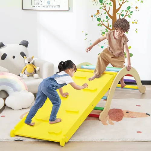 Miniatura 2 de HONEY JOY Arco de escalera de madera para escalar, escalera de escalada para niños 3 en 1 y tabla de columpio con almohadilla acolchada, juego