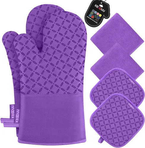 Miniatura 19 de KEGOUU Juego de 6 manoplas para horno y soportes para ollas, guantes para horno de cocina, resistentes al calor, 500 grados, extra largos
