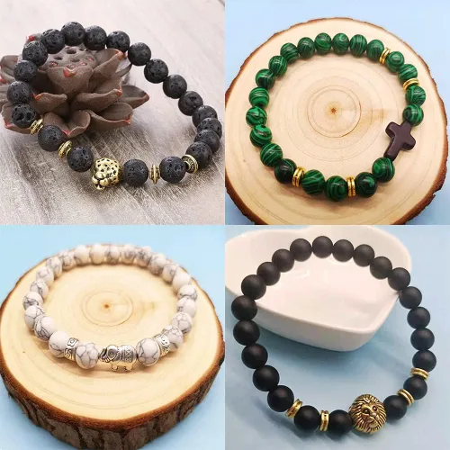 Miniatura 8 de SONNYX - Juego de 12 pulseras de cuentas de piedra de lava de 0.315in para hombres y mujeres, diseño de corona, rey de león, cabeza de leopardo