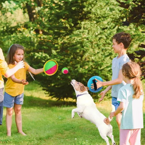 Miniatura 6 de Aneco Juego de palas de disco y pelota de lanzamiento con bolsa de almacenamiento, 6 paletas y 6 pelotas Azul claro/negro/amarillo