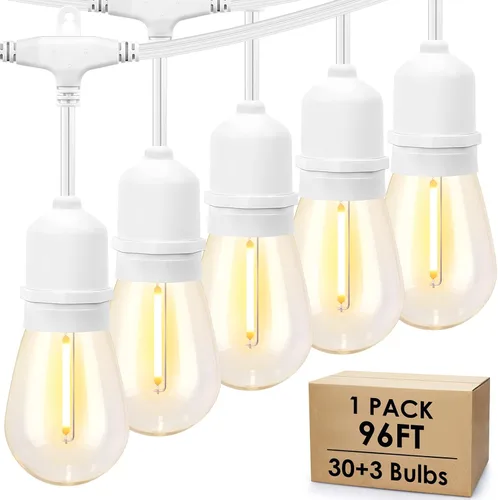 Mlambert Luces de Cadena para Exteriores de Cable Blanco de 96 Pies con 30+3 Bombillas LED de Plástico, Regulables Impermeables Irrompibles