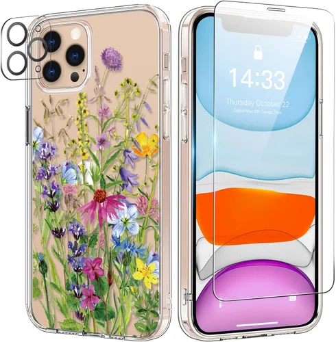 bicol Funda para iPhone 11 Pro con Protector de Pantalla y Protector de Lente de Cámara - Diseños de Flores Florales de Moda para Mujeres y Niñas -