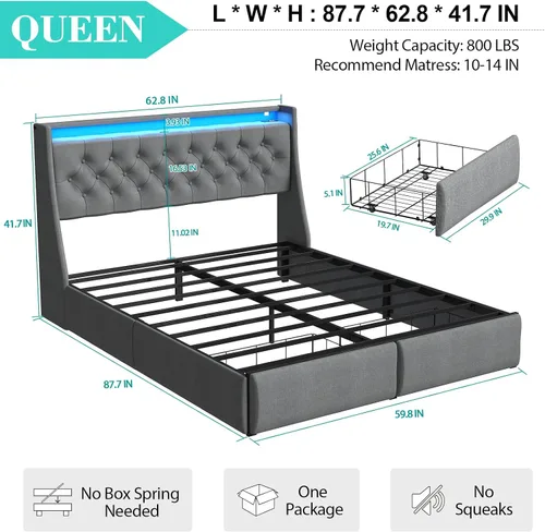 Miniatura 2 de Doltoro - Base de cama Queen con cabecero y 2 cajones de almacenamiento, base de cama tapizada con respaldo de alas tamaño Queen con estación