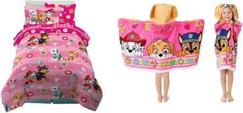 Franco Paw Patrol - Juego de ropa de cama para niñas súper suave, juego de sábanas y toalla con capucha para cama de tamaño individual