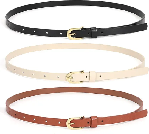 JASGOOD Paquete de 3 cinturones de cuero delgado para mujer, cinturón fino de piel sintética con hebilla dorada de metal para pantalones de mezclilla