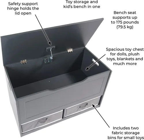 Miniatura 10 de Badger Basket Caja de juguetes y banco de almacenamiento, combo de pecho y asiento con 2 cestas reversibles, tapa de bisagra de seguridad