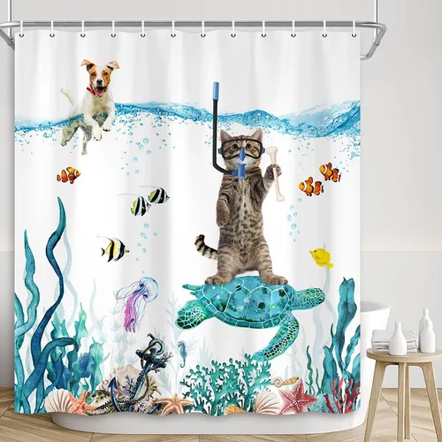 Cortina de ducha de tortuga marina con diseño de gato y perro, divertido pez y perro tropical, 72 x 72 pulgadas, tela de poliéster, juego de