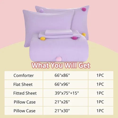 Miniatura 3 de HOMBYS - Juego de colcha con pompones para niñas, 5 piezas, estilo bohemio, para todas las estaciones, tamaño individual/individual XL, color púrpura