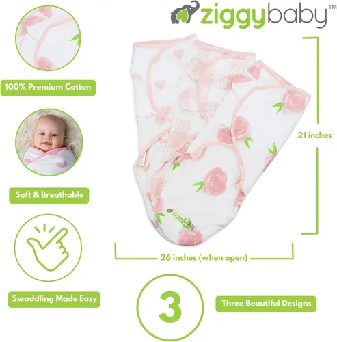 Miniatura 2 de Ziggy Baby Juego de manta ajustable para bebé niña, tamaño pequeño/mediano, 0-3 meses, paquete de 3 unidades, peonía rosa, corazón rosa, cuadros