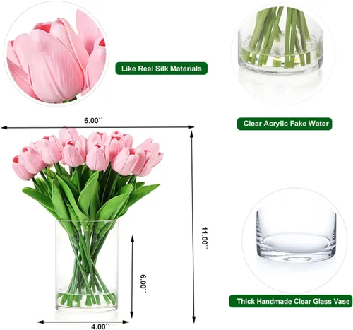 Miniatura 3 de 20 piezas de tulipanes de tacto real en jarrón, arreglos de tulipanes falsos con jarrón y agua falsa para decoración del hogar, mesa de comedor Rosa