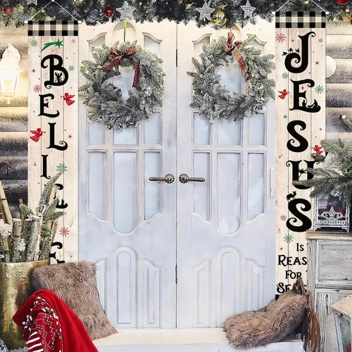 Miniatura 7 de Tiamon Cartel de Navidad para porche delantero, letrero de belén religioso de invierno, cartel colgante de vacaciones, decoración de Navidad
