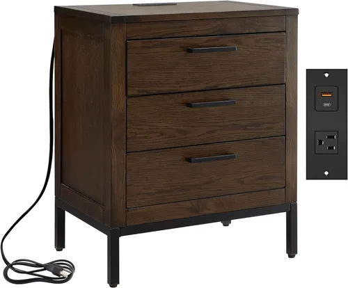 Miniatura 13 de Salem Mesita de noche de madera maciza con cajón y estante, roble medio, perfecta para dormitorios, salas de estar y espacios pequeños - Leick Home