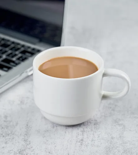 Miniatura 8 de YHOSSEUN Juego de 4 tazas de café de porcelana, apilables con soporte de metal y cucharas, tazas de café espresso de 11 onzas para americano, Blanco