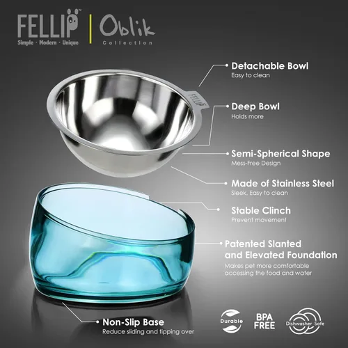 Miniatura 6 de Felli Pet Oblik - Tazón de agua inclinado para comida para perros, plato ovalado de acero inoxidable, ergonómico, en ángulo, a prueba de derrames