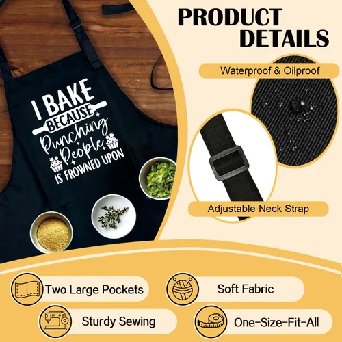 Miniatura 3 de Divertidos delantales para hornear con texto en inglés "I Bake Because Punching People is Frowned Upon", delantales negros de cocina para mujer