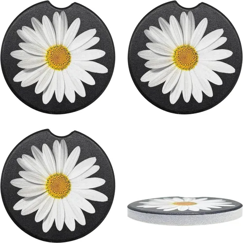 Miniatura 7 de Paquete de 2 posavasos para portavasos de coche, posavasos de cerámica absorbente con inserto para taza de margarita con muesca para el dedo, lindos