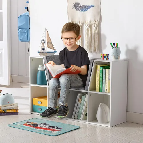 Miniatura 2 de HOMCOM Estantería infantil de 6 compartimentos con rincón de lectura y cojín, organizador de almacenamiento multiusos para dormitorio, sala de Gris