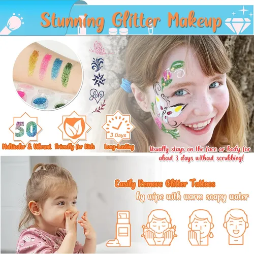 Miniatura 2 de TEUVO Kit de tatuaje con purpurina para niños con polvo de purpurina de 50 colores, 132 plantillas, 10 calcomanías luminosas, 6 polvos que brillan
