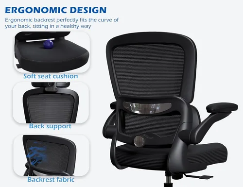 Miniatura 7 de TRALT Silla ergonómica de oficina, silla de escritorio con soporte lumbar ajustable, silla de computadora cómoda de malla con reposabrazos Negro