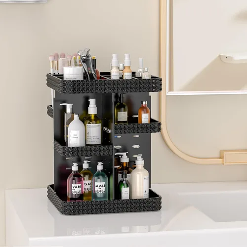 Miniatura 7 de Organizador de maquillaje giratorio con soporte para brochas de maquillaje, organizador de perfumes de gran capacidad para encimera de tocador, Negro