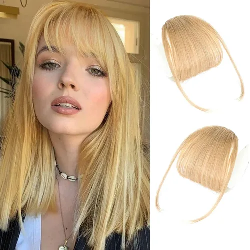 Miniatura 7 de Flequillo con clip de cabello humano real, flequillo rubio francés, extensiones de cabello para mujer, flequillo plano y ordenado, extensión