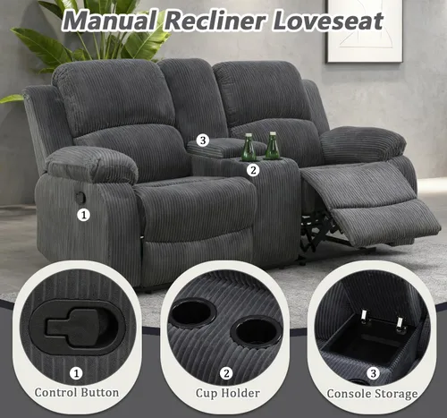 Miniatura 4 de Juego de sofá modular reclinable manual para sala de estar, sofá reclinable en forma de L, seccional de cuero con portavasos/almacenamiento