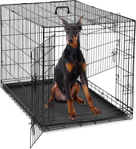 Miniatura 18 de DUMOS Jaula para perros, jaula mediana de doble puerta de 36 pulgadas con bandeja de plástico a prueba de fugas, asa, perrera plegable de alambre