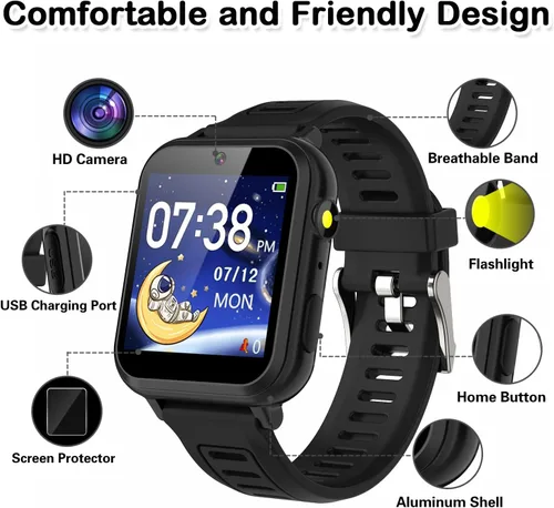 Miniatura 6 de Cosjoype - Reloj inteligente de juego para niños de 4 a 12 años, con 24 juegos de rompecabezas, cámara, pantalla táctil HD, reproductor de música