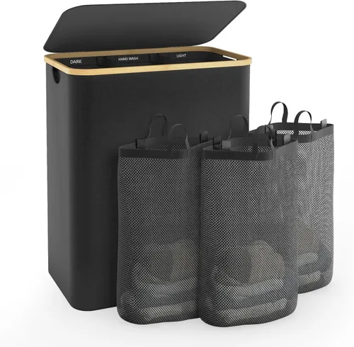 Miniatura 8 de Cesta de lavandería con tapa, Bathola, cesta extra grande de 145L, cestas de 3 secciones para ropa sucia, organizador de cestas divididas para Gris