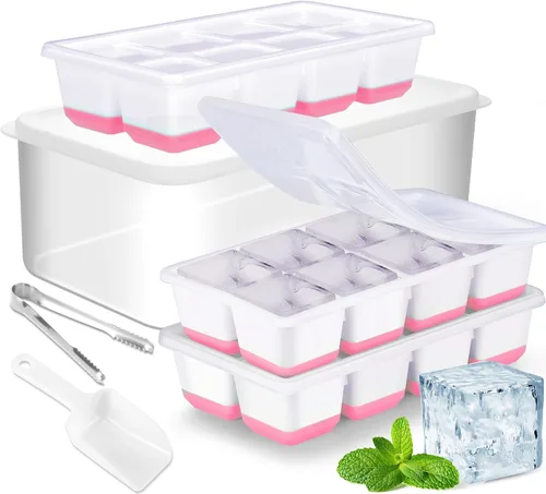 Miniatura 12 de Bandejas grandes para cubitos de hielo con tapa, paquete de 2 moldes apilables de silicona para congelador, fácil liberación, 16 bandejas de hielo