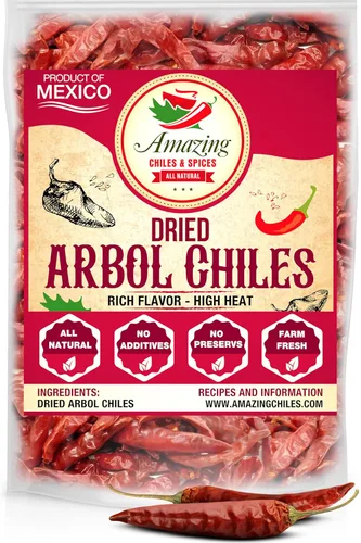 Chile De Arbol 8oz - Pimientos rojos enteros secos, sin tallo de primera calidad, bolsa resellable. Uso en platos mexicanos, chinos y tailandeses.