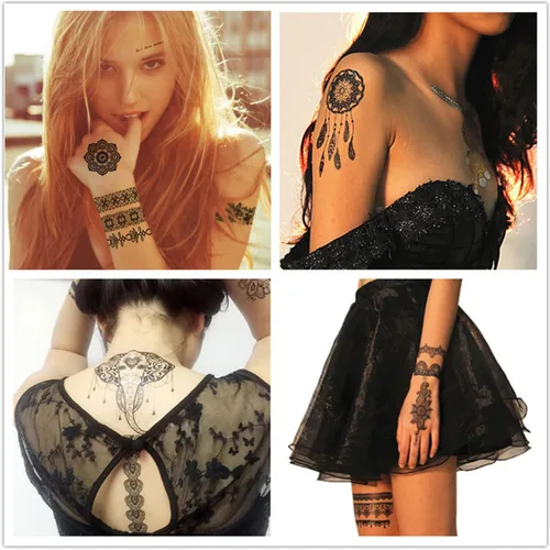 Miniatura 7 de 6 hojas de tatuajes temporales de henna negra para mujeres y niñas, calcomanías de tatuaje falsas de encaje, misterioso, sexy, mandala, flor, diseño