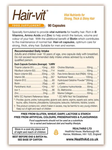 Miniatura 4 de HealthAid Hair-VIT Suplemento de apoyo para el cabello, fórmula una vez al día con biotina, vitaminas y aminoácidos del complejo B - Ayuda a