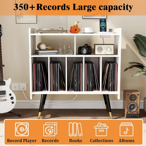 Miniatura 6 de Soporte para tocadiscos blanco: mesa de discos de vinilo de 33 pulgadas con almacenamiento, gabinete estéreo con almacenamiento de álbumes, gabinete