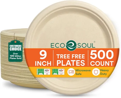 Miniatura 13 de ECO SOUL Compostable Paper Plates 9 Inch, 500 Pack – Heavy Duty Disposable Dinner Paper Plates, White Bagasse, Leak-Resistant, Microwave Safe