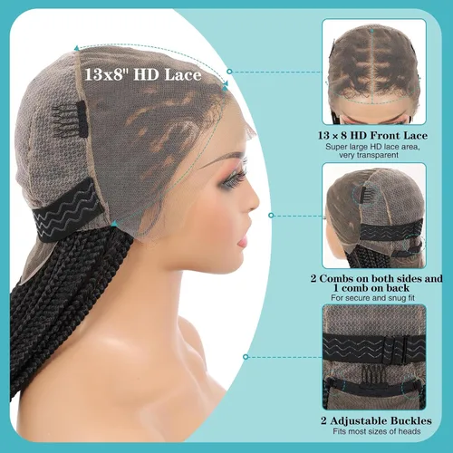 Miniatura 4 de Kalyss Pelucas trenzadas sin nudos para mujer, peluca trenzada con encaje frontal de 13 x 8 pulgadas, pelucas trenzadas con cabello de bebé, peluca