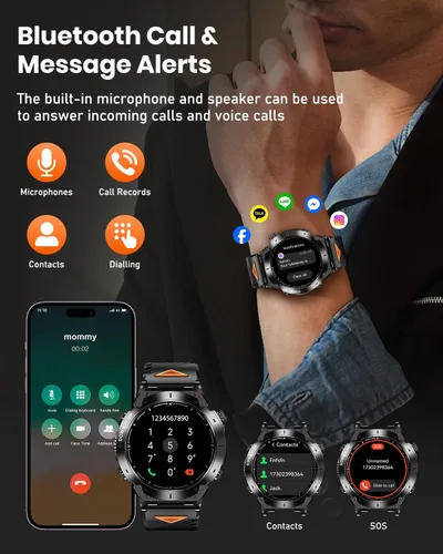 Miniatura 6 de Reloj inteligente militar con GPS para hombre con llamada Bluetooth, AMOLED de 1.43 pulgadas, batería de 730 mAh/linterna, 3 ATM impermeable, más