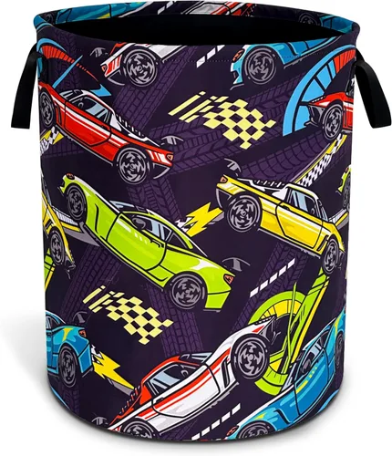 Cesta de lavandería de coche de carreras, divertida cesta de ropa Oxford con asa, plegable, portátil, cesta de almacenamiento de ropa de 18.9 x 16.5