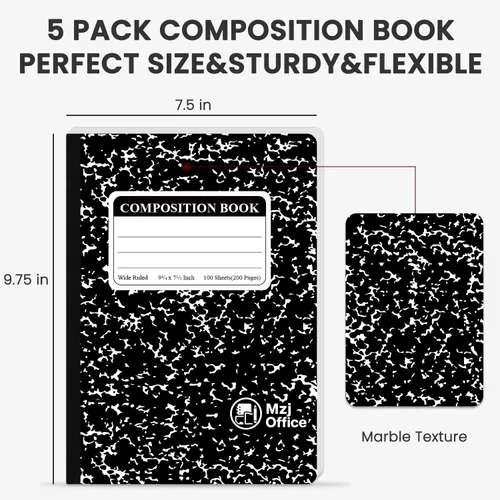 Miniatura 2 de Cuaderno de composición de mármol, paquete de 5 cuadernos de composición a granel con rayas anchas, 100 hojas (200 páginas) 7-1/2 x 9-3/4 pulgadas