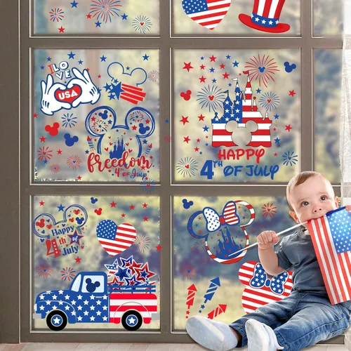 Miniatura 3 de Adhesivos para ventana del 4 de julio, 9 hojas de ratón con bandera americana adhesiva patriótica para ventana, decoraciones para el día
