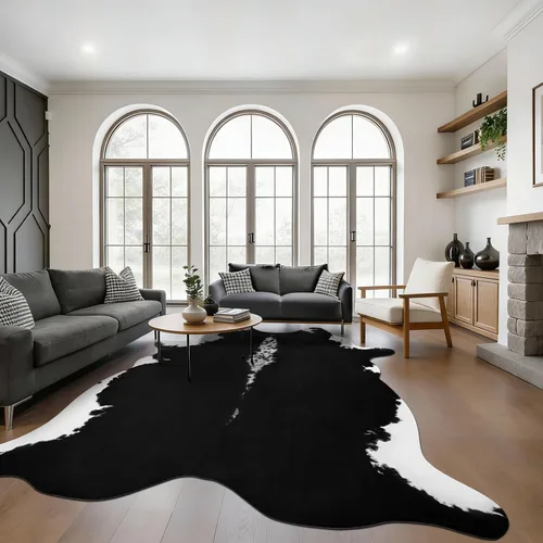 Miniatura 3 de BENRON Alfombra Premium de Cuero de Vaca Negro, Alfombras de Piel de Vaca Sintética para Sala de Estar Dormitorio Decoración del Hogar Occidental