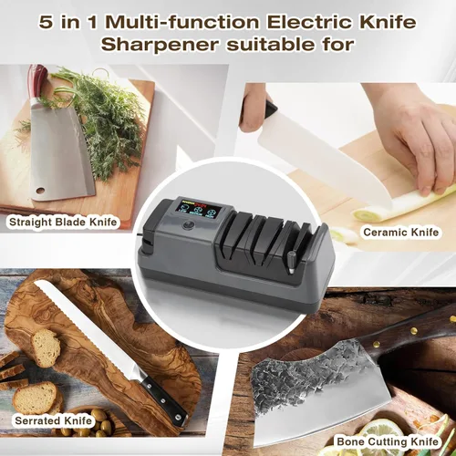 Miniatura 7 de Afilador de cuchillos eléctrico profesional de 3 etapas para cuchillos de cocina, pantalla LCD, 100% abrasivo de diamante, velocidad de rotación Gris